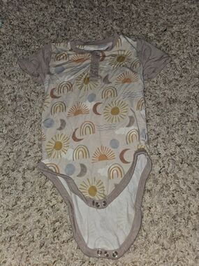 Luxe Neutral Rainbow & Sun Short-Sleeve One-Piece in Taupe and Mustard